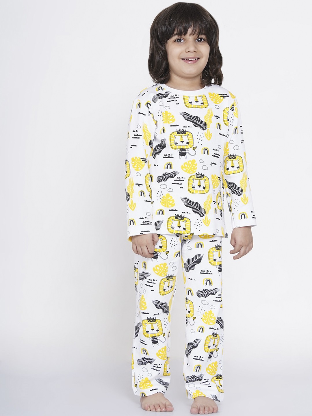 

berrytree Boys Yellow & White Graphic Printed Organic Cotton Night Suit