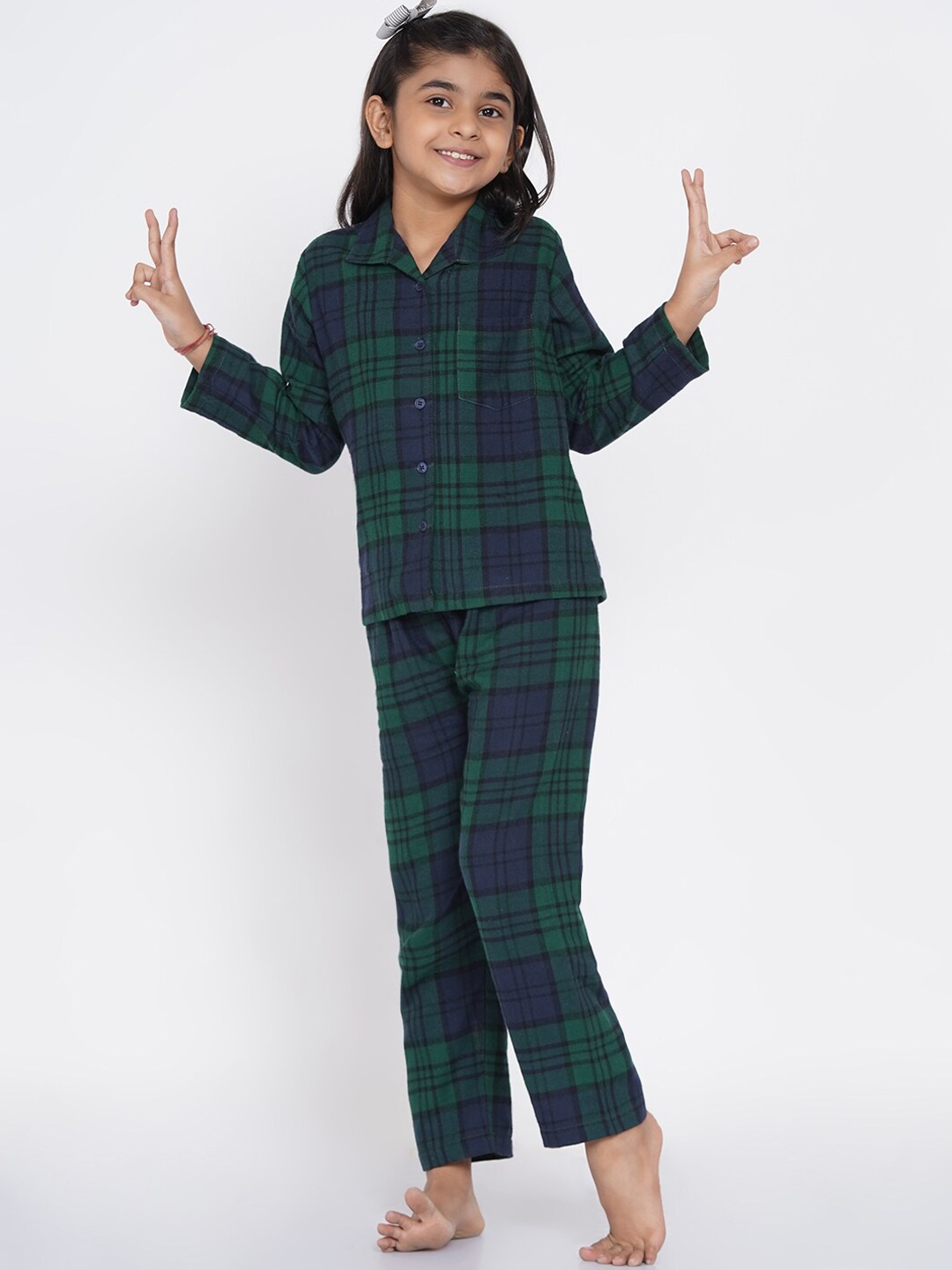 

berrytree Girls Green & Blue Checked Warm Flannel Winter Night Suit