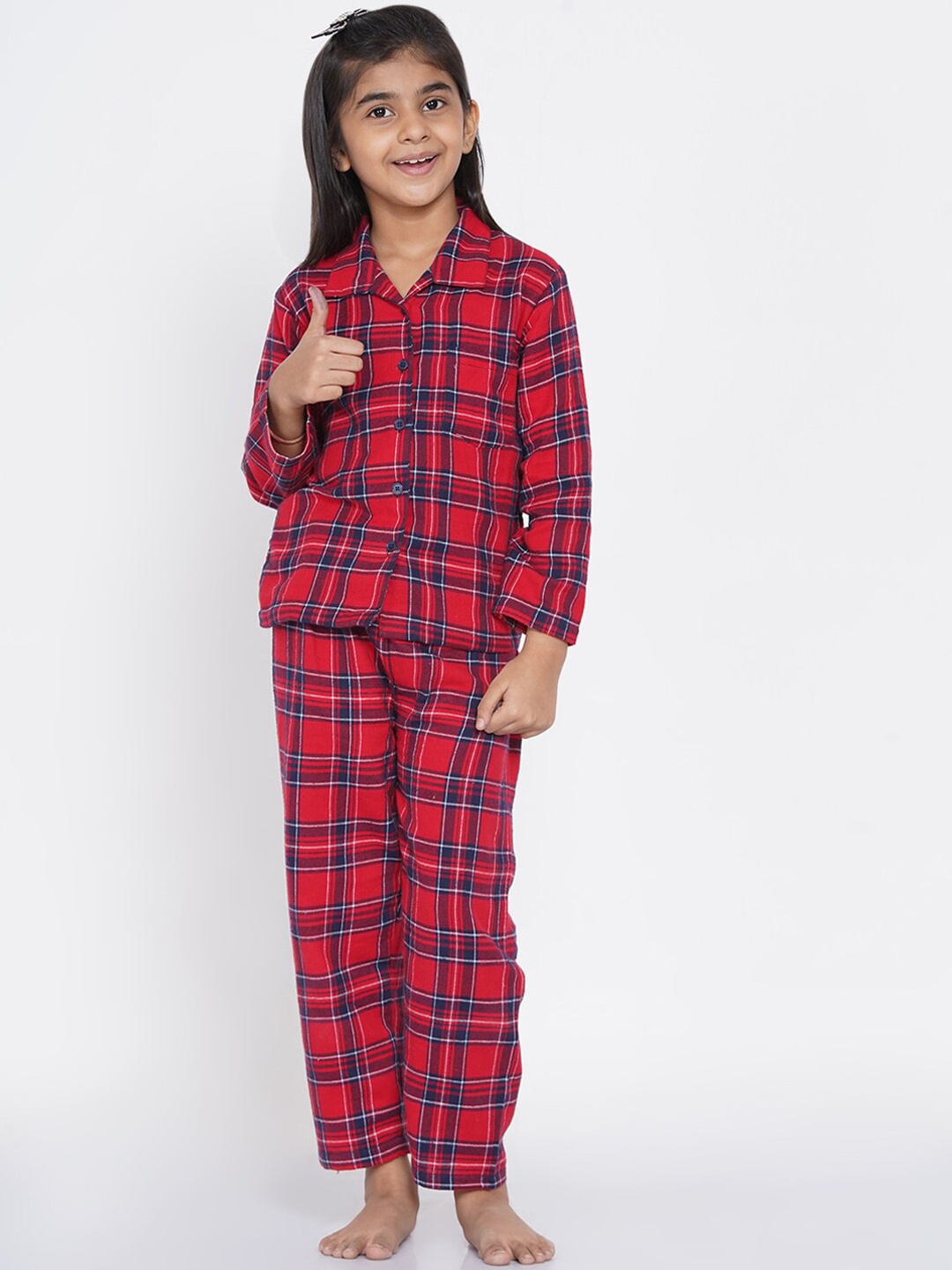 

berrytree Girls Red & Blue Checked Warm Flannel Winter Night Suit