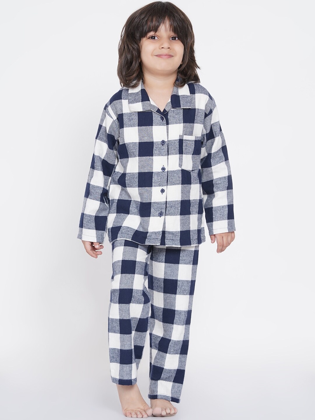 

berrytree Boys Blue & White Checked Warm Flannel Winter Night Suit
