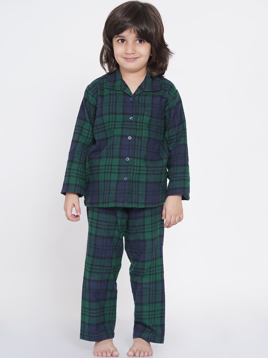 

berrytree Boys Green & Blue Checked Warm Flannel Winter Night Suit