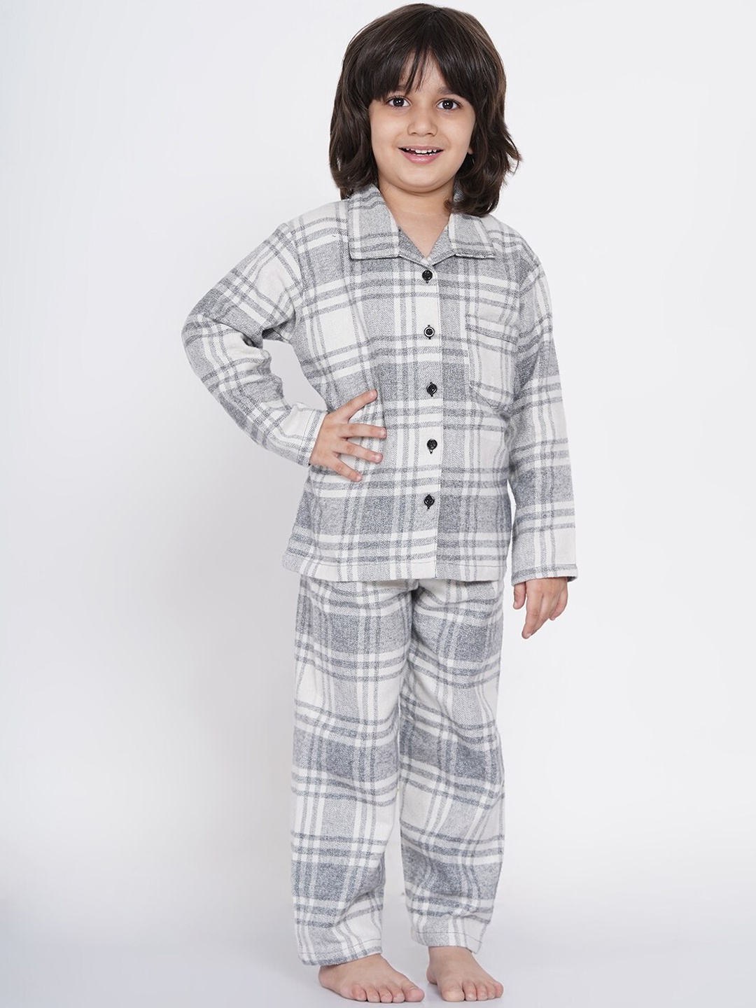 

berrytree Boys Grey & White Checked Warm Flannel Winter Night Suit