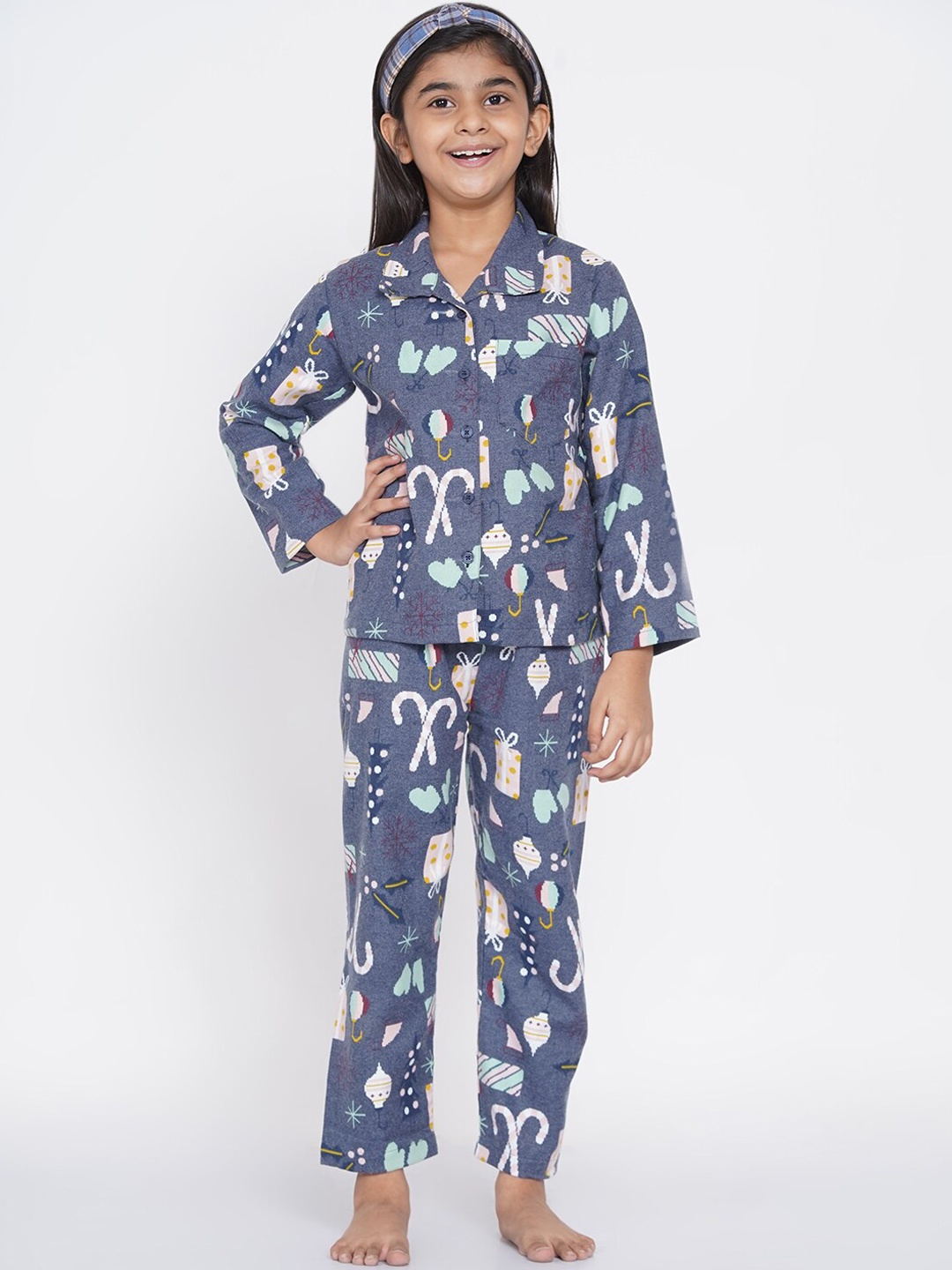 

berrytree Girls Blue & White Christmas Warm Flannel Winter Night Suit