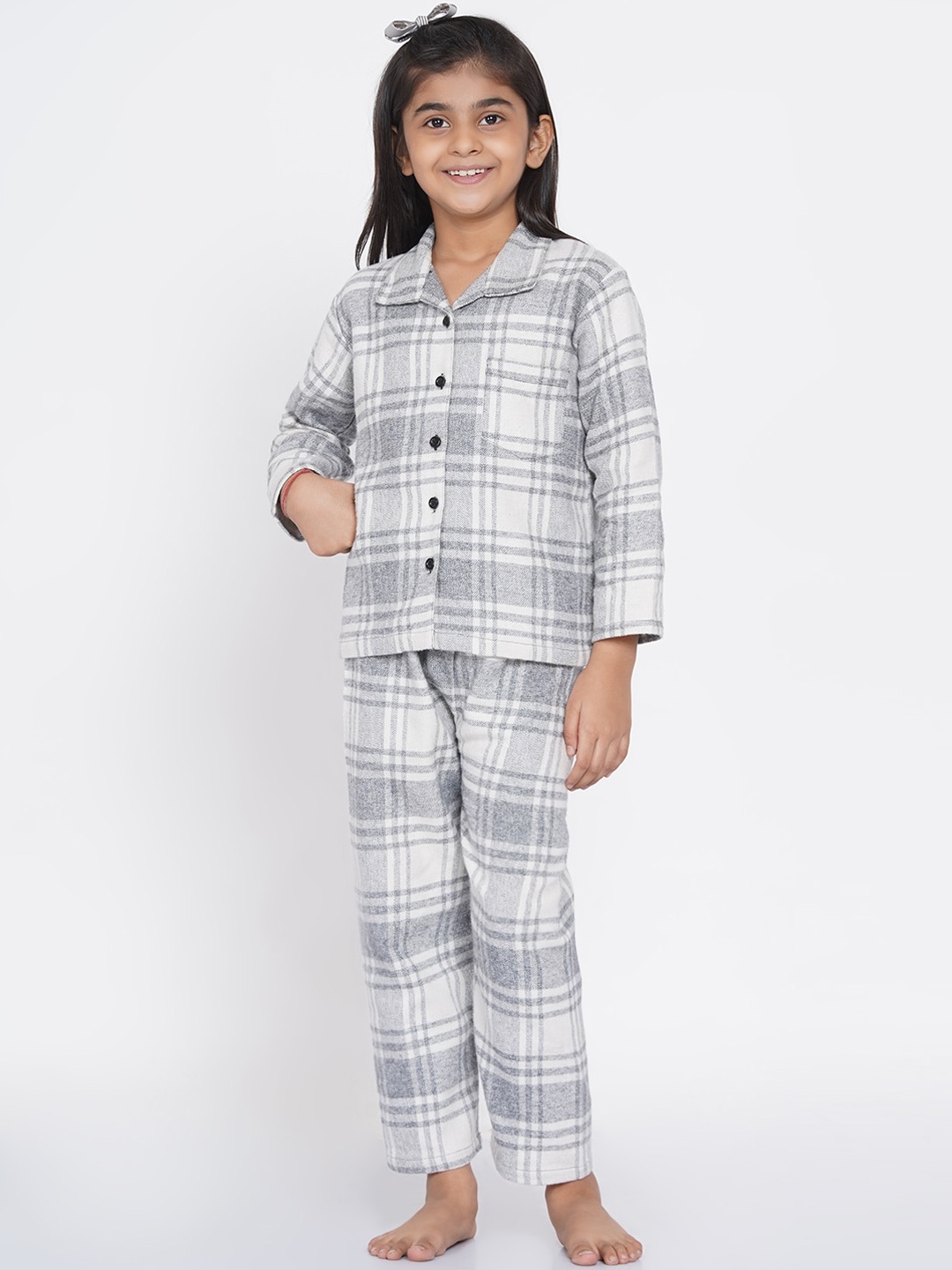 

berrytree Girls Grey & White Checked Warm Flannel Winter Night Suit