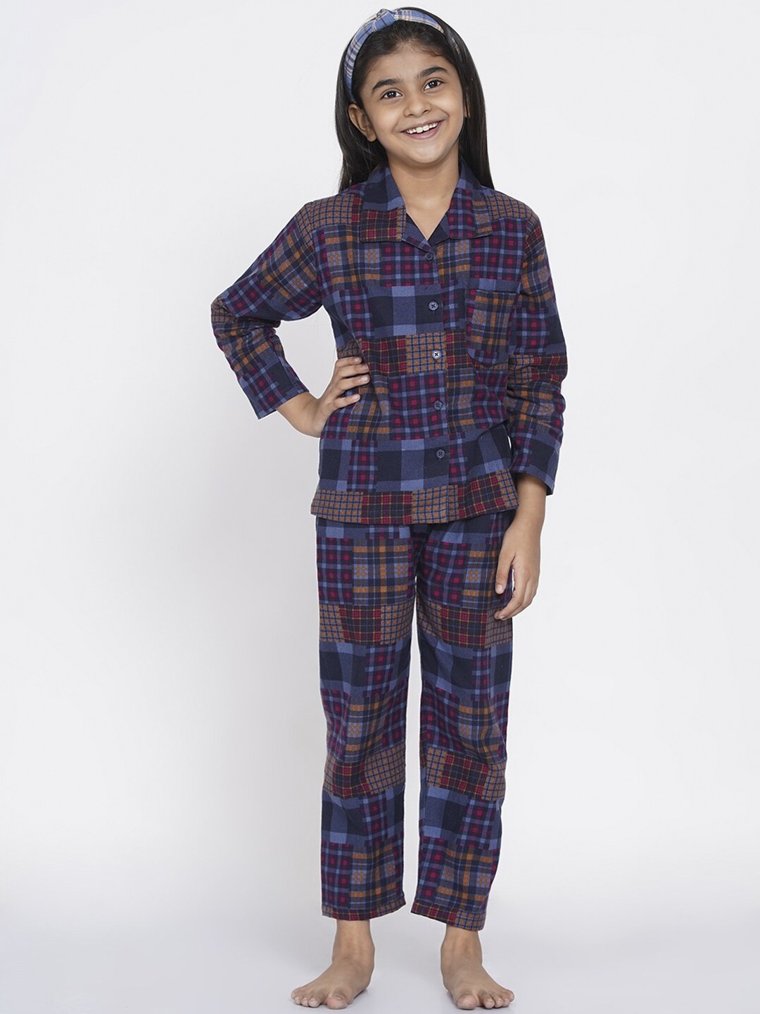 

berrytree Girls Blue & Red Geometric Warm Flannel Winter Night Suit