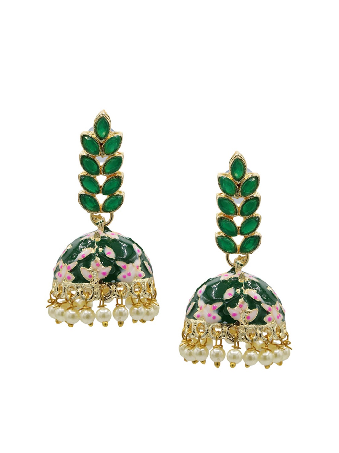 

ASMITTA JEWELLERY Gold-Plated Green & Pink Dome Shaped Jhumkas