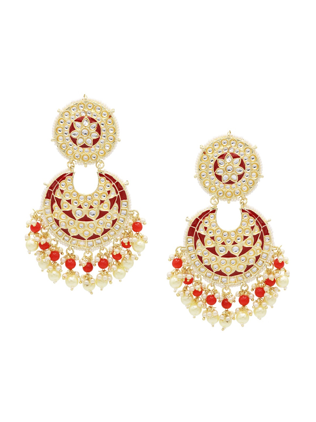 

ASMITTA JEWELLERY Gold-Plated Red & White Crescent Shaped Chandbalis
