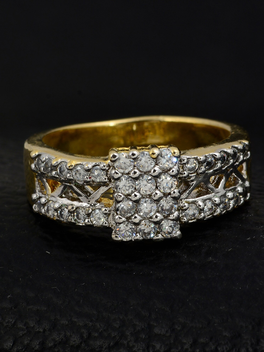 

Silgo Gold-Plated & White Stone-Studded Statement Finger Ring