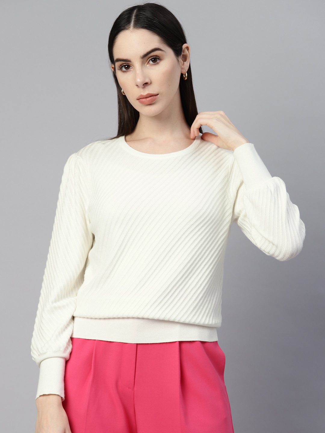 

Marks & Spencer Striped Round Neck Pullover, White