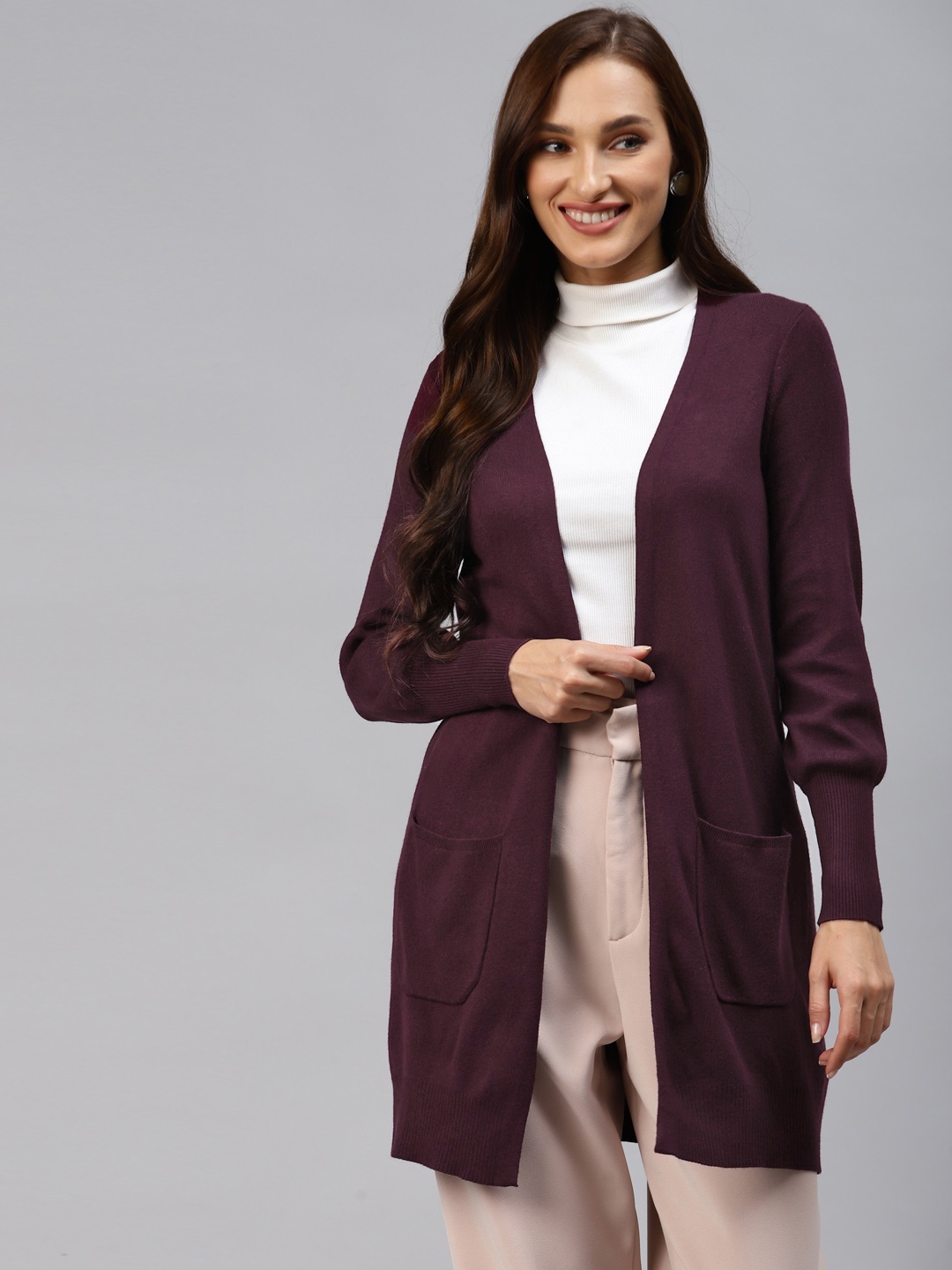 

Marks & Spencer Women Burgundy Solid Longline Front-Open Sweater