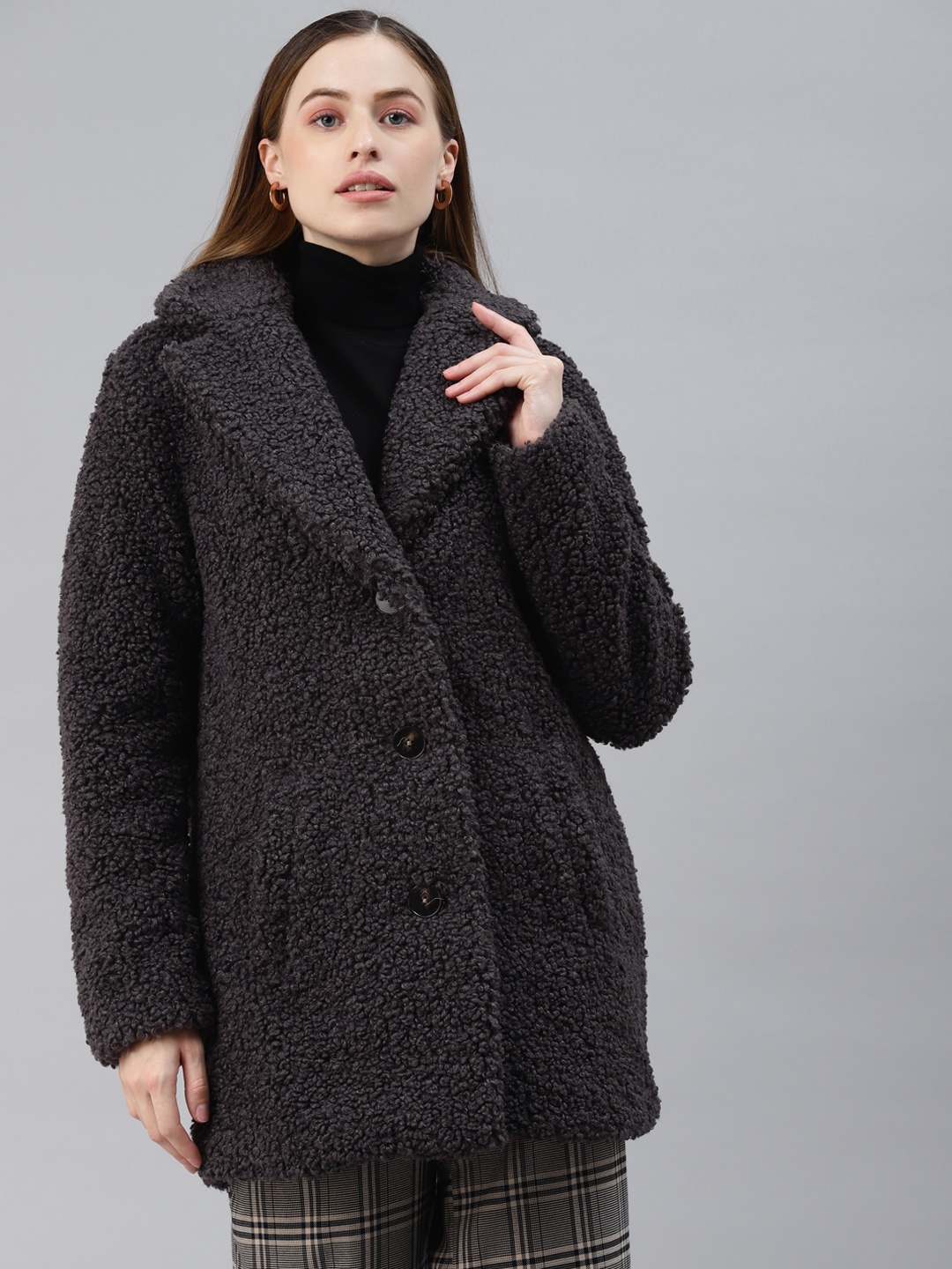 

Marks & Spencer Women Charcoal Grey Solid Sherpa Overcoat