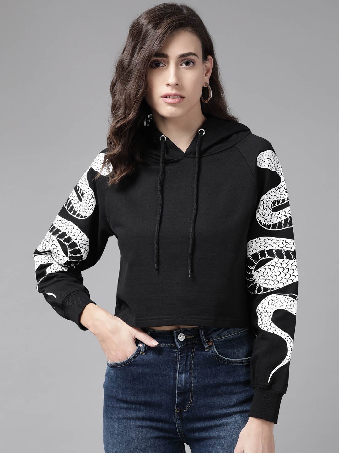 

The Dry State Women Black Snake Printed Fleece Hooded Crop Sweatshirt