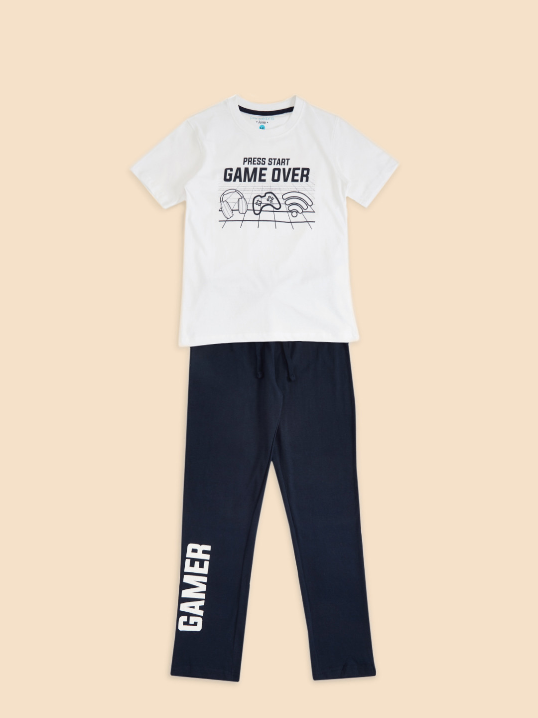

Pantaloons Junior Boys White & Black Printed Cotton Night suit