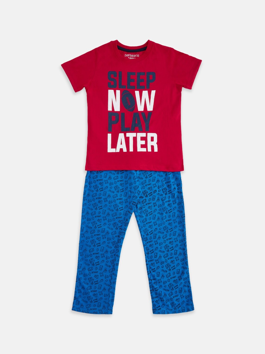 

Pantaloons Junior Boys Red & Blue Printed Pure Cotton Night Suit