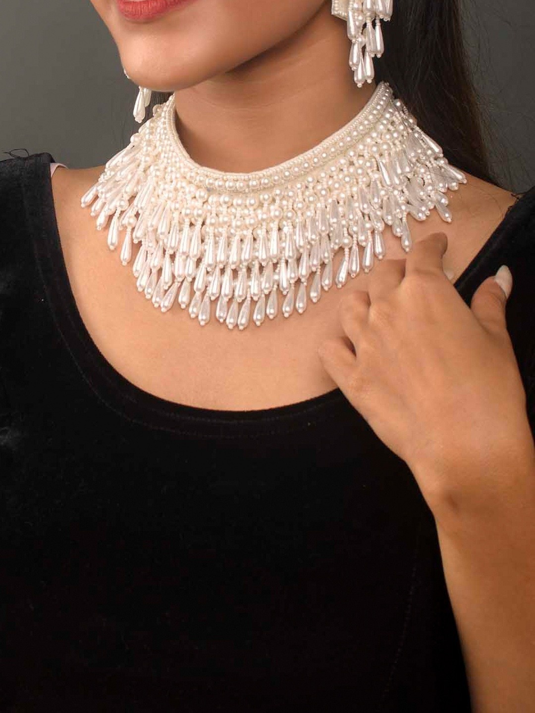 

Fida Women White Pearls Beaded Choker Waterfall Necklace