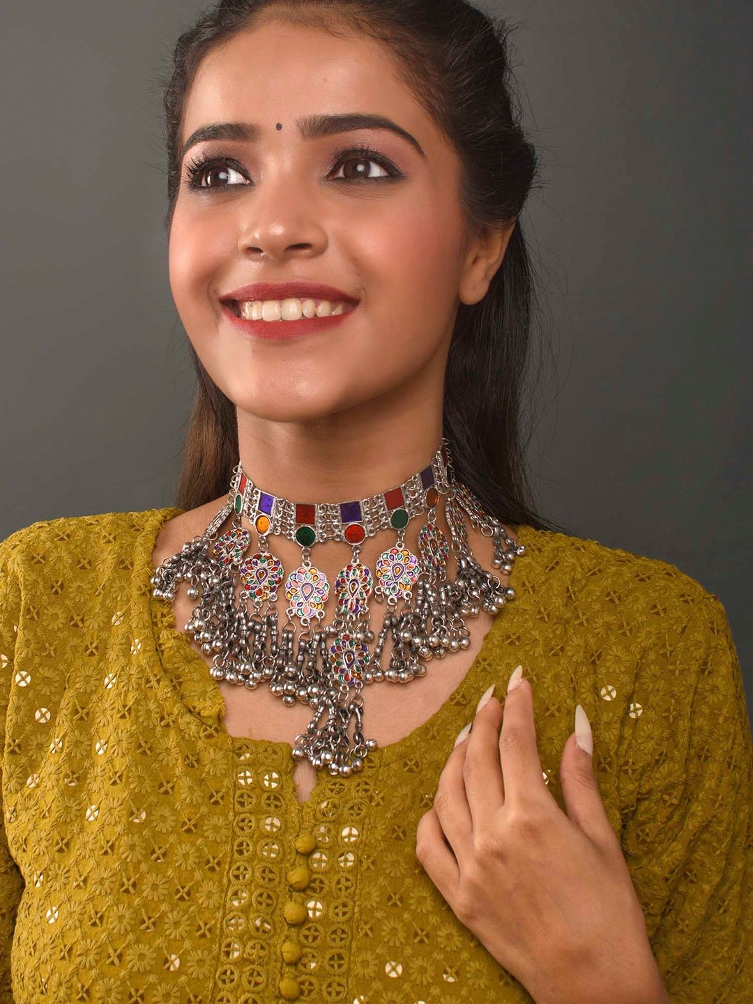 

Fida Women Red & Silver-Toned & Plated Oxidised Statement Necklace