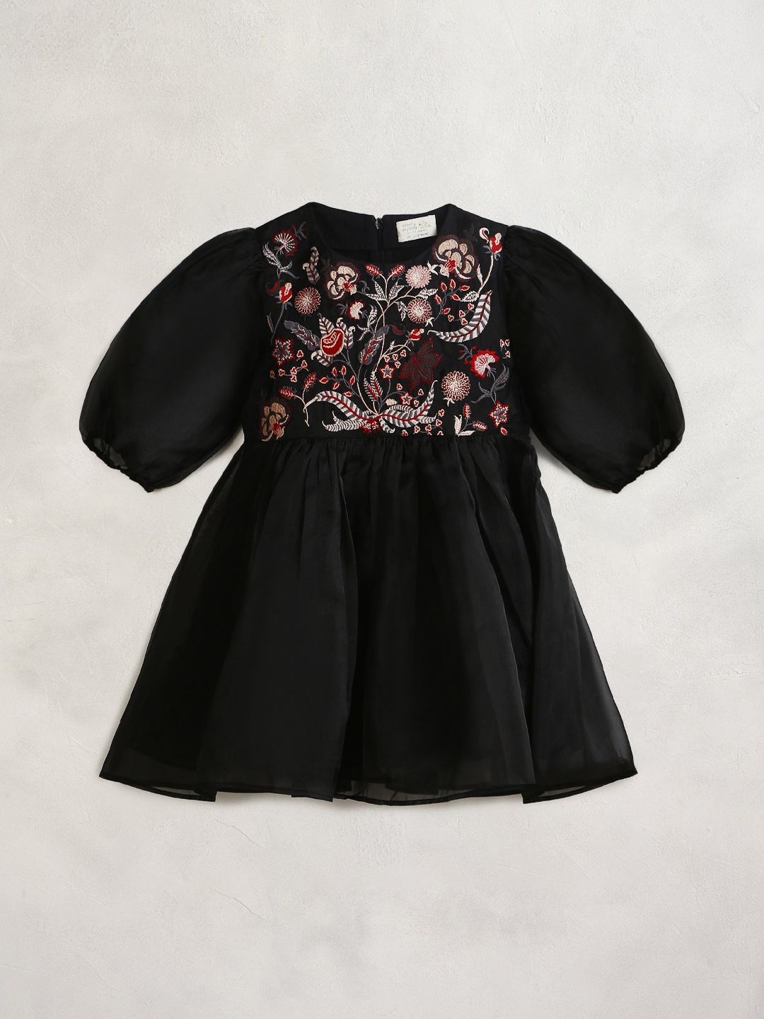 

Cherry Crumble Girls Black Floral Embroidered Net Fit & Flare Dress