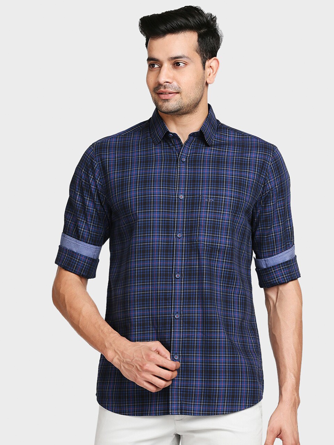 

ColorPlus Men Blue Tailored Fit Opaque Checked Casual Shirt
