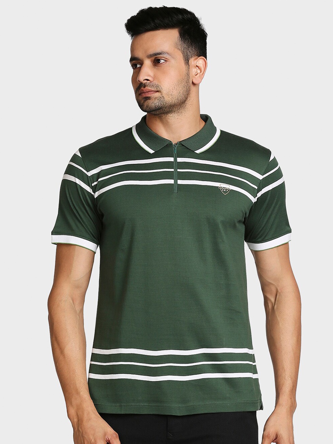 

ColorPlus Men Green & White Striped Polo Collar Cotton T-shirt