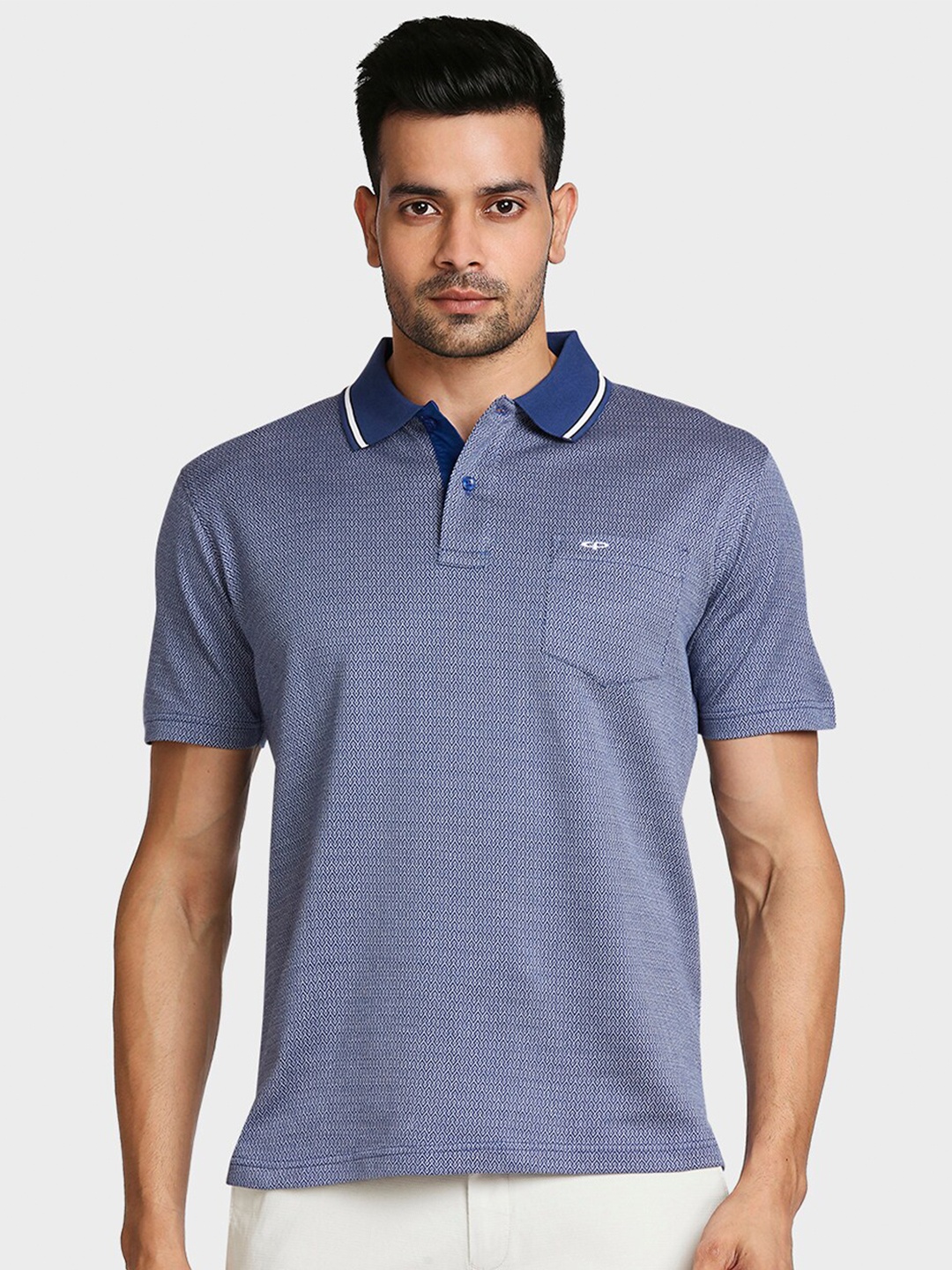 ColorPlus Men Blue Polo Collar Printed Pocket Detail T-shirt