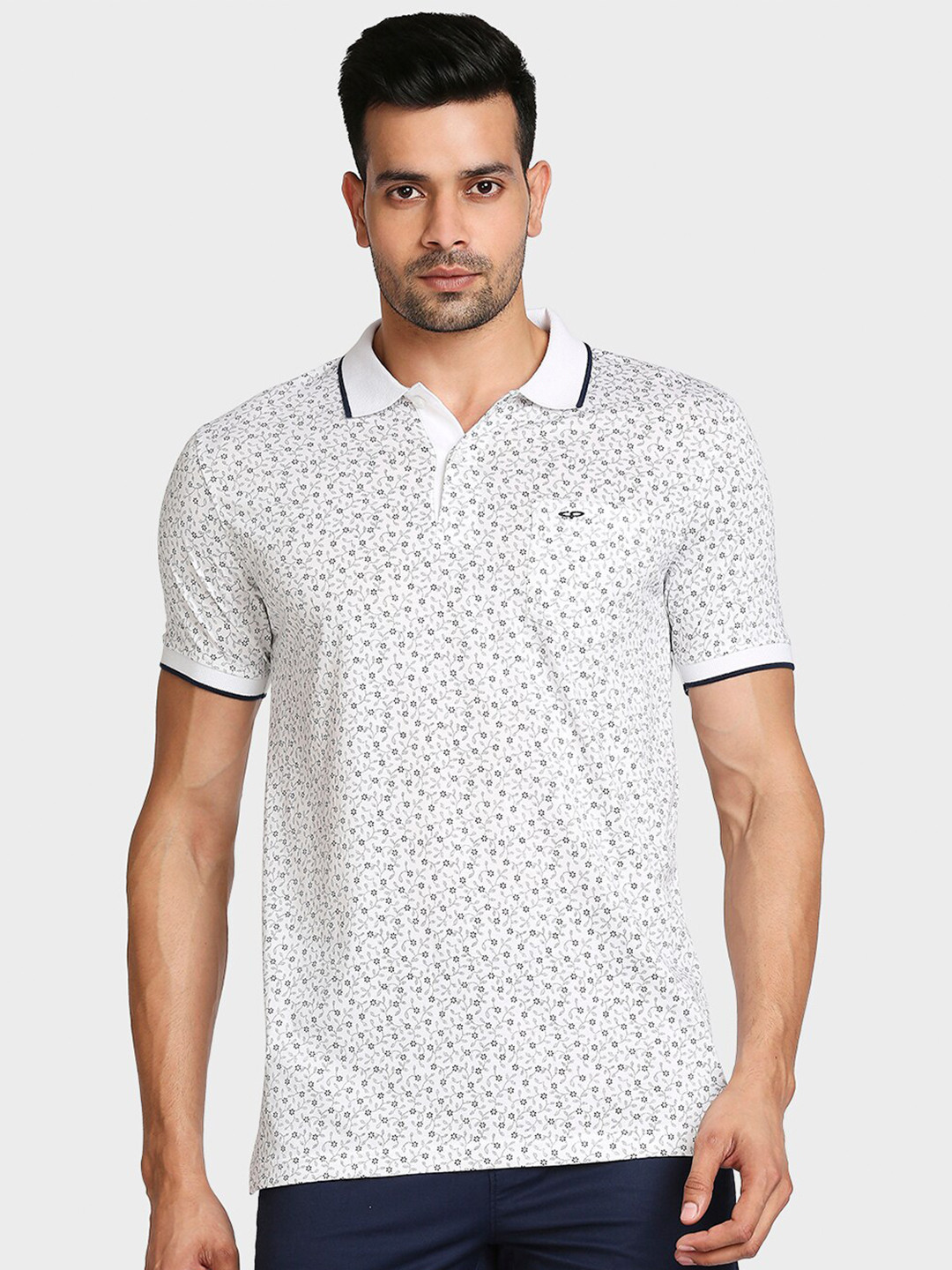 

ColorPlus Men White Printed Polo Collar Pockets T-shirt