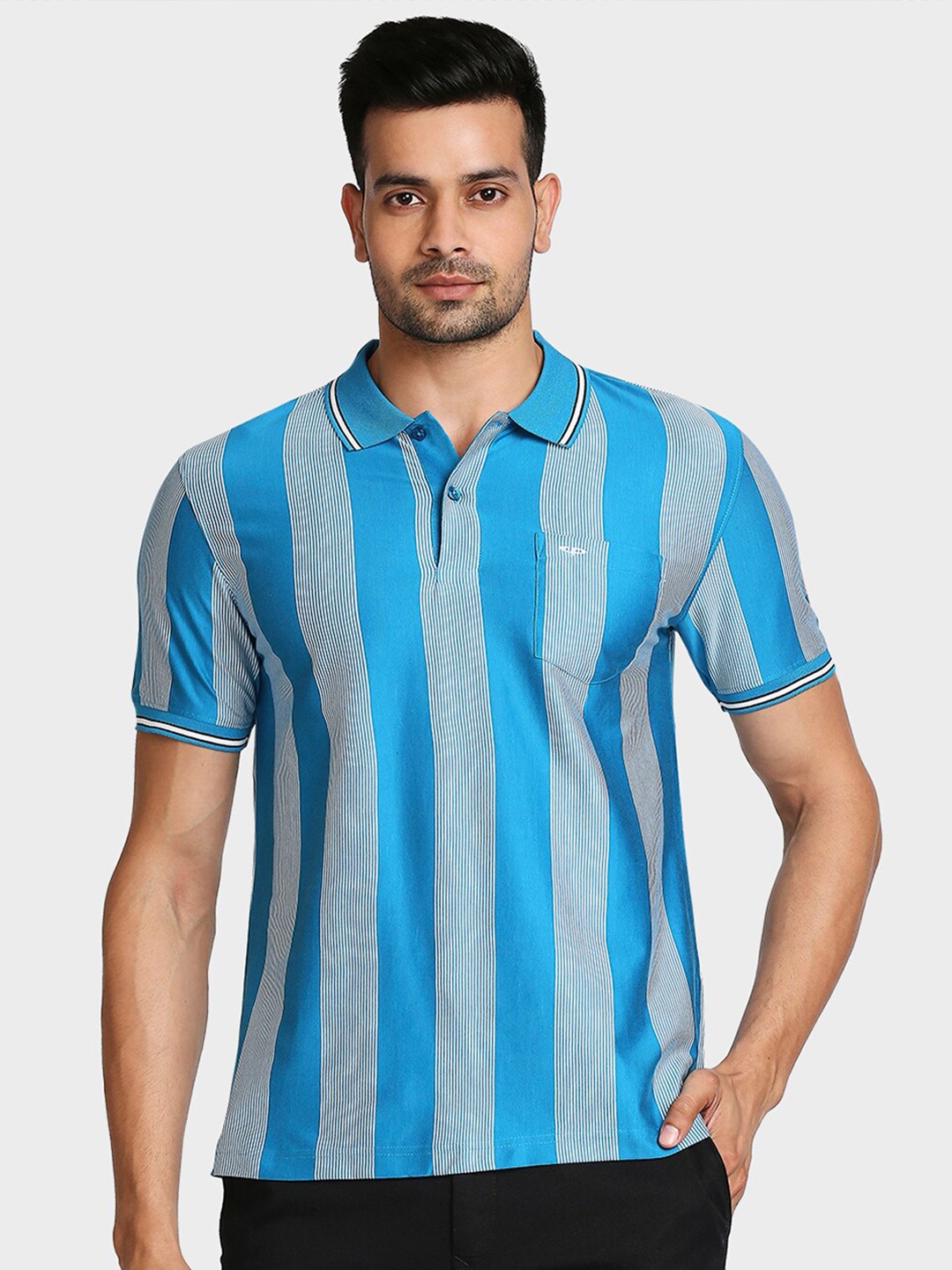 

ColorPlus Men Blue Striped Polo Collar Pockets T-shirt