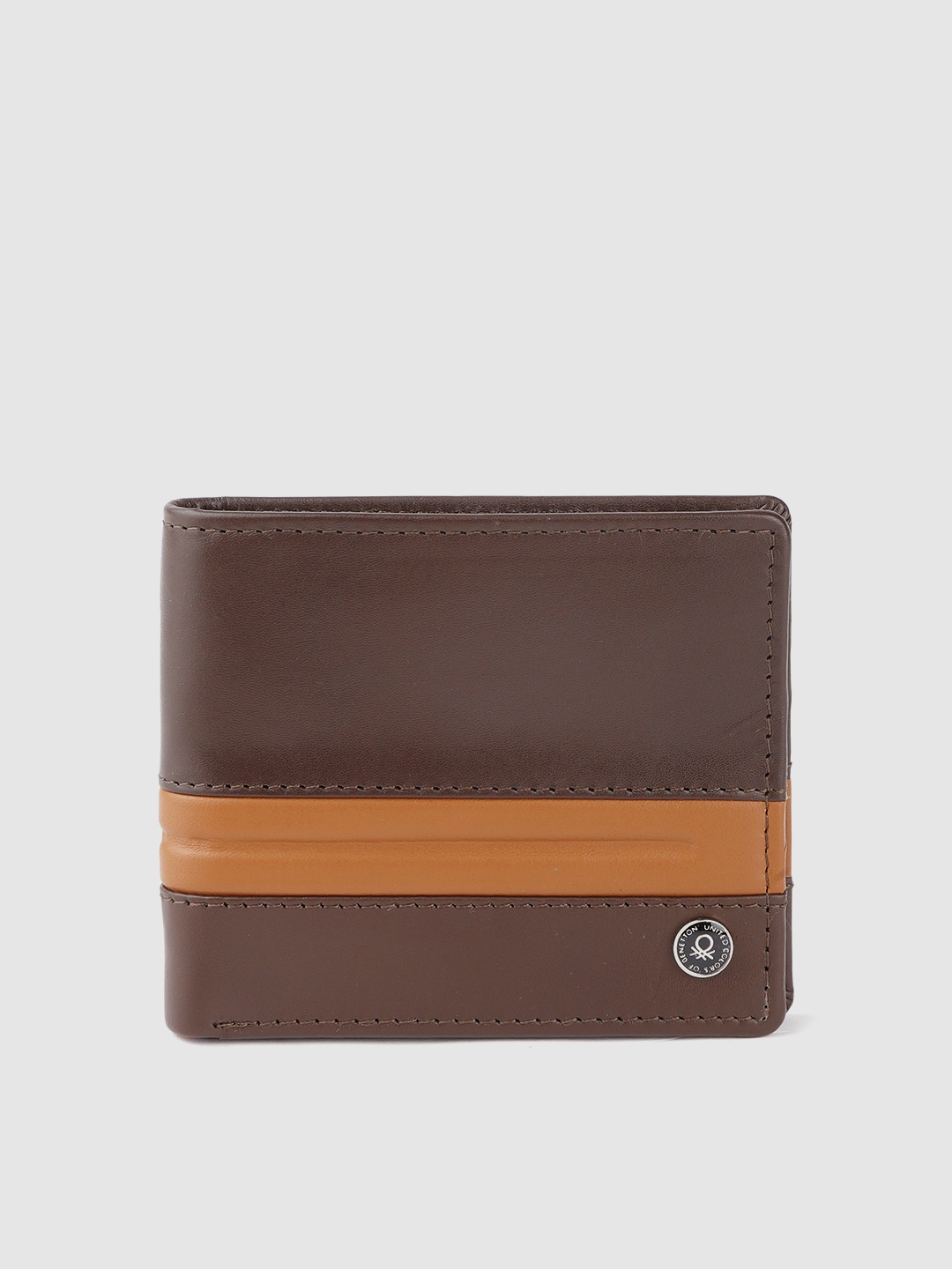 

United Colors of Benetton Men Brown Colourblocked Leather Two Fold Wallet