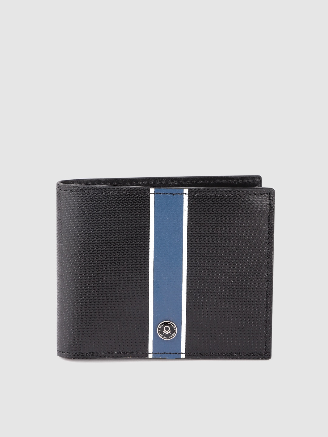 

United Colors of Benetton Men Black & Blue Textured Genuine Leather Two Fold Wallet