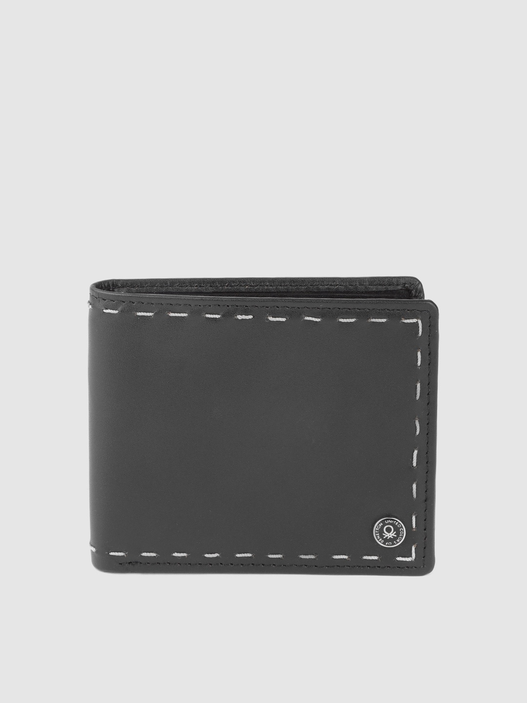 

United Colors of Benetton Men Black Solid Genuine Leather Two Fold Wallet