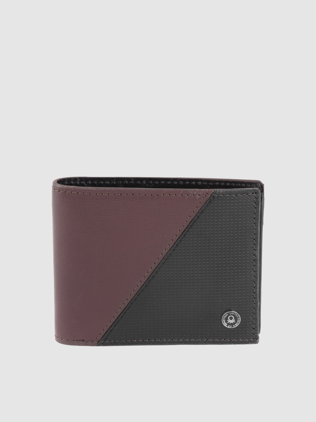 

United Colors of Benetton Men Brown & Black Colourblocked Genuine Leather Two Fold Wallet
