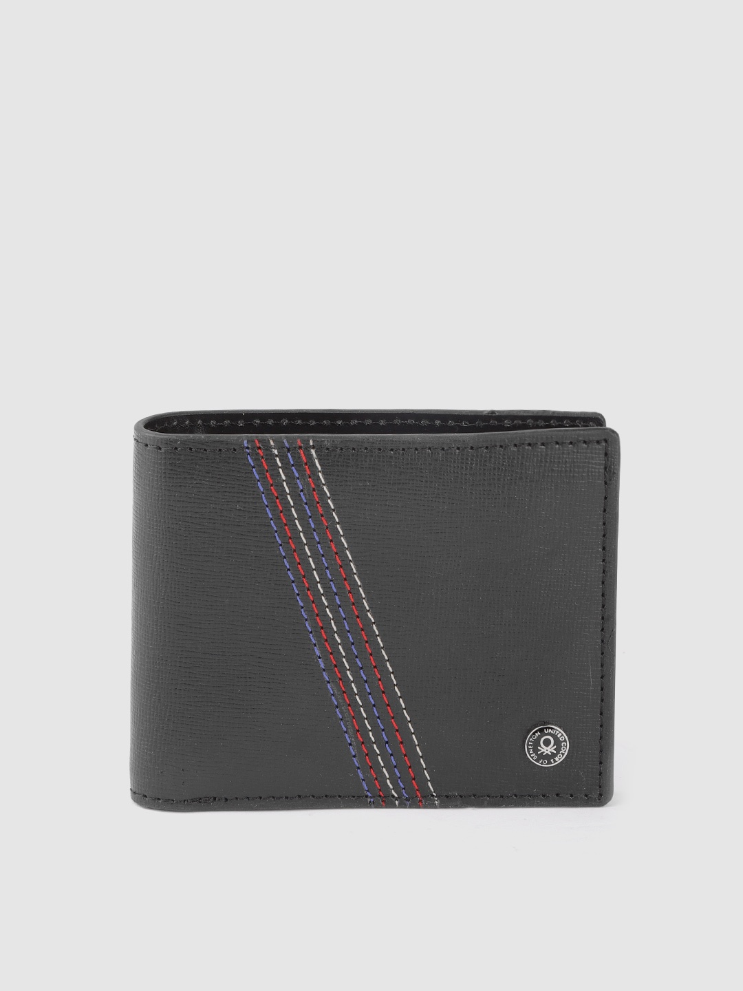 

United Colors of Benetton Men Black & Red Striped Genuine Leather Two Fold Wallet