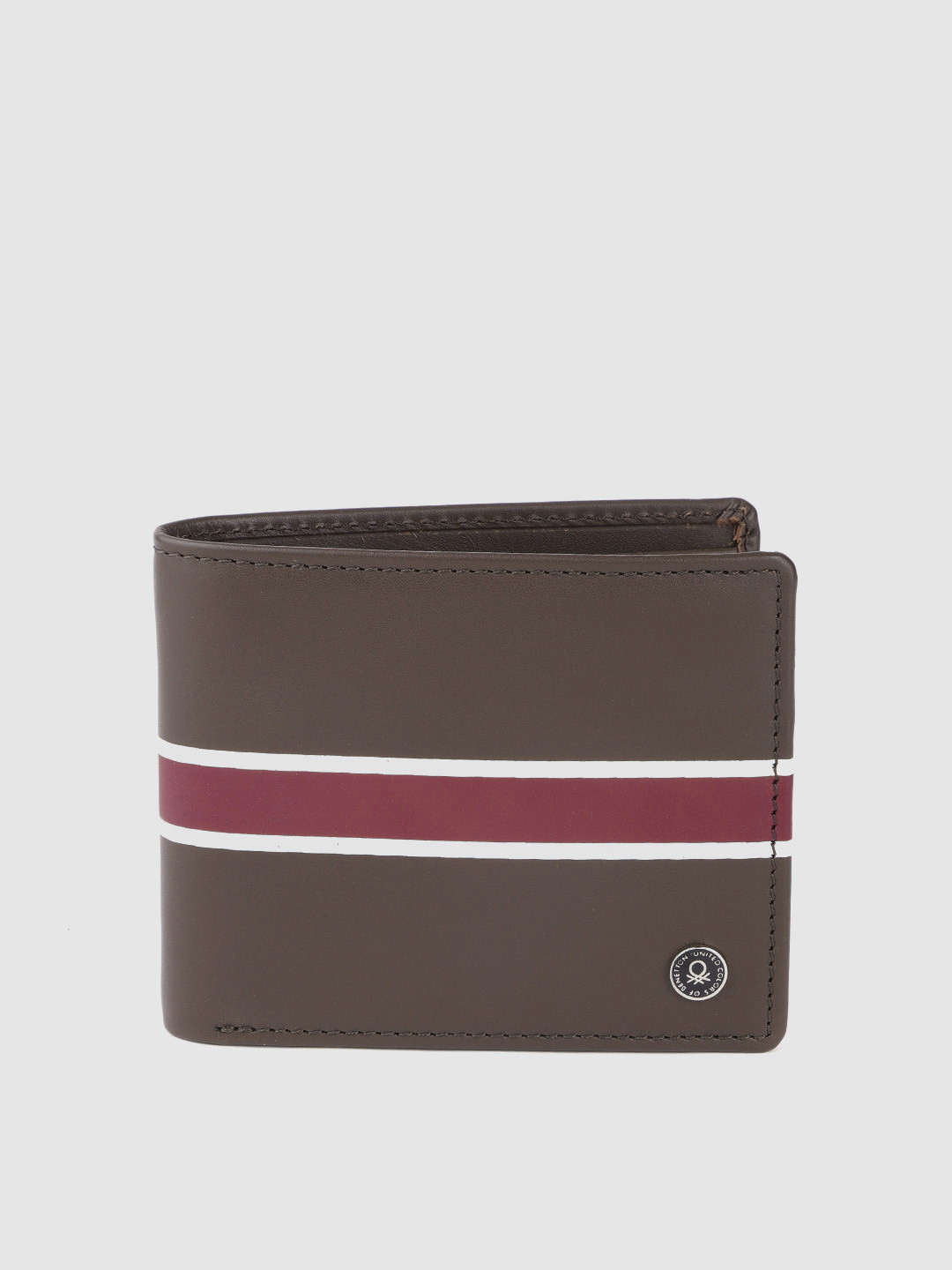 

United Colors of Benetton Men Brown & Burgundy Striped Genuine Leather Two Fold Wallet
