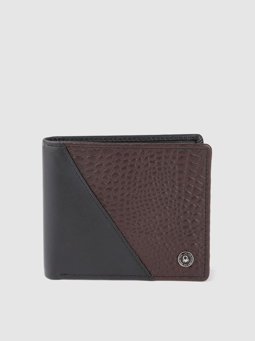 

United Colors of Benetton Men Black & Coffee Brown Croc Textured Leather Two Fold Wallet