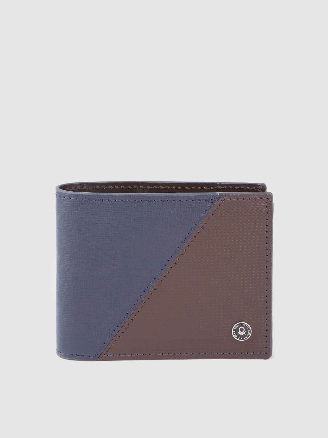 

United Colors of Benetton Men Brown & Navy Blue Colourblocked Leather Two Fold Wallet
