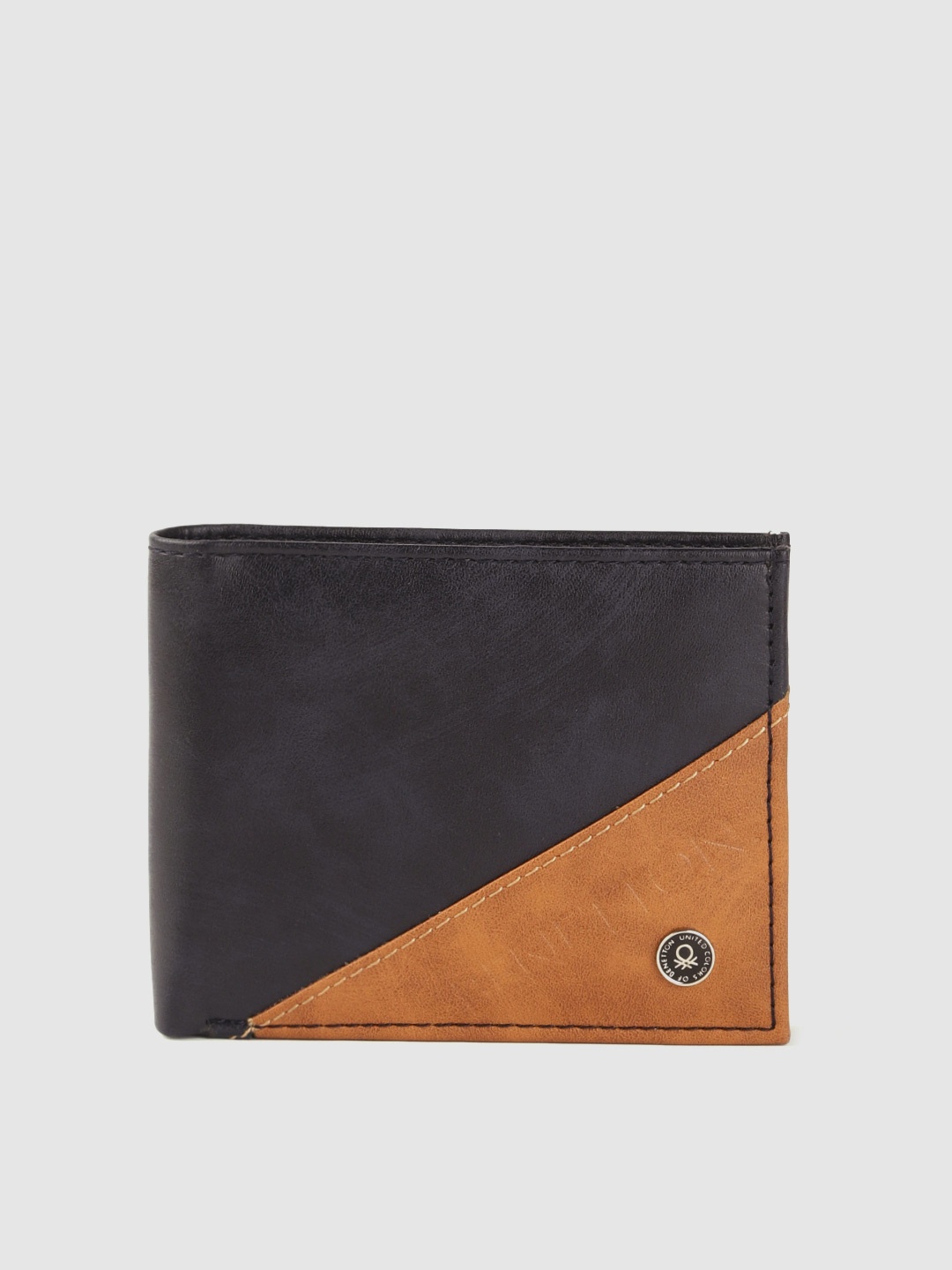 

United Colors of Benetton Men Navy Blue & Tan Colourblocked Two Fold Wallet
