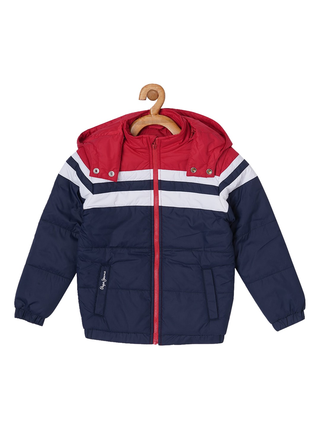 

Pepe Jeans Boys Blue Striped Lightweight Padded Jacket with Patchwork