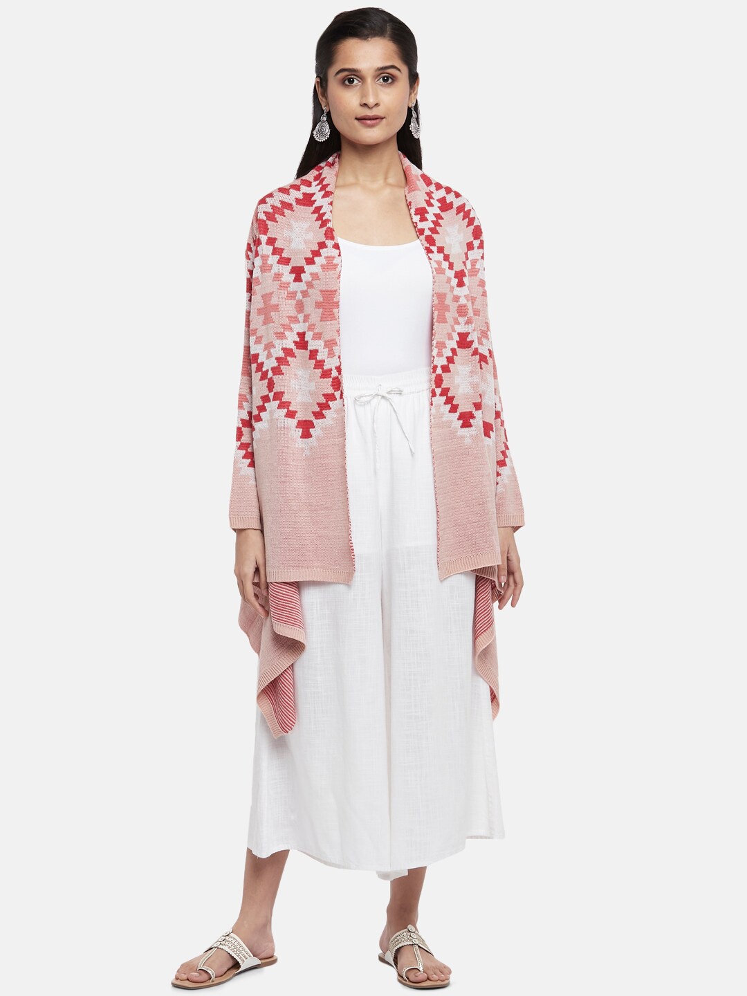 

AKKRITI BY PANTALOONS Women Coral & White Acrylic Longline Shrug