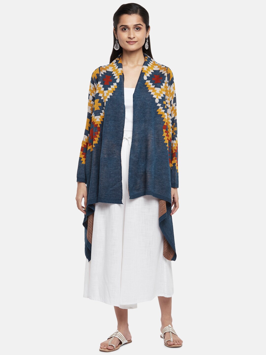 

AKKRITI BY PANTALOONS Women Blue & Yellow Fusion High-Low Shrug