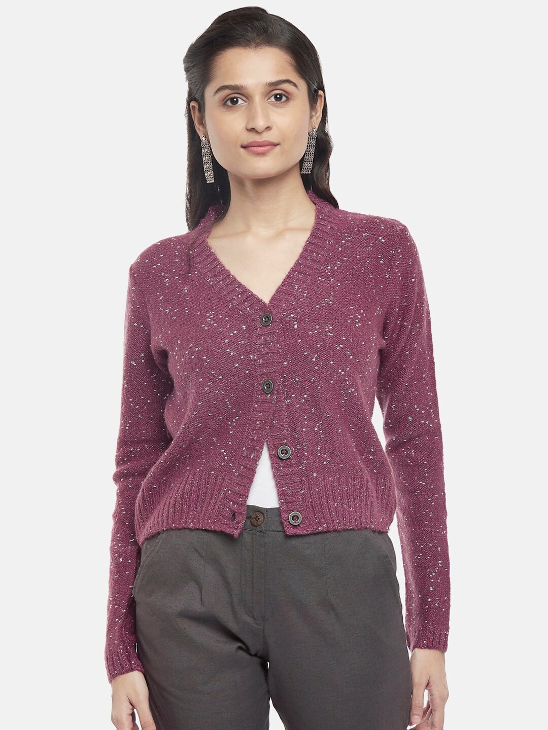 

AKKRITI BY PANTALOONS Burgundy Self Designed Open Front Acrylic Crop Shrug