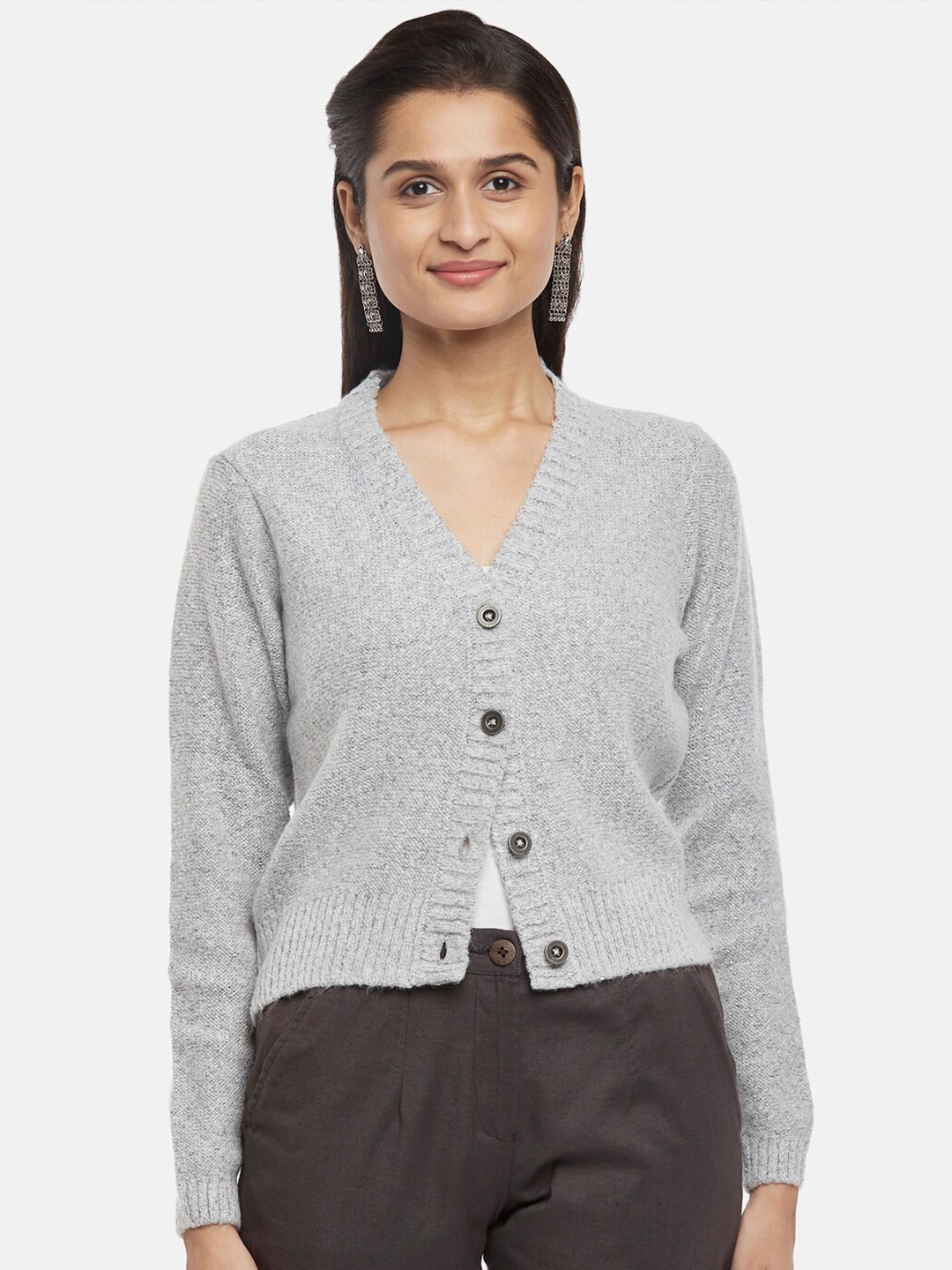 

AKKRITI BY PANTALOONS Women Grey Melange Pure Acrylic Cardigan
