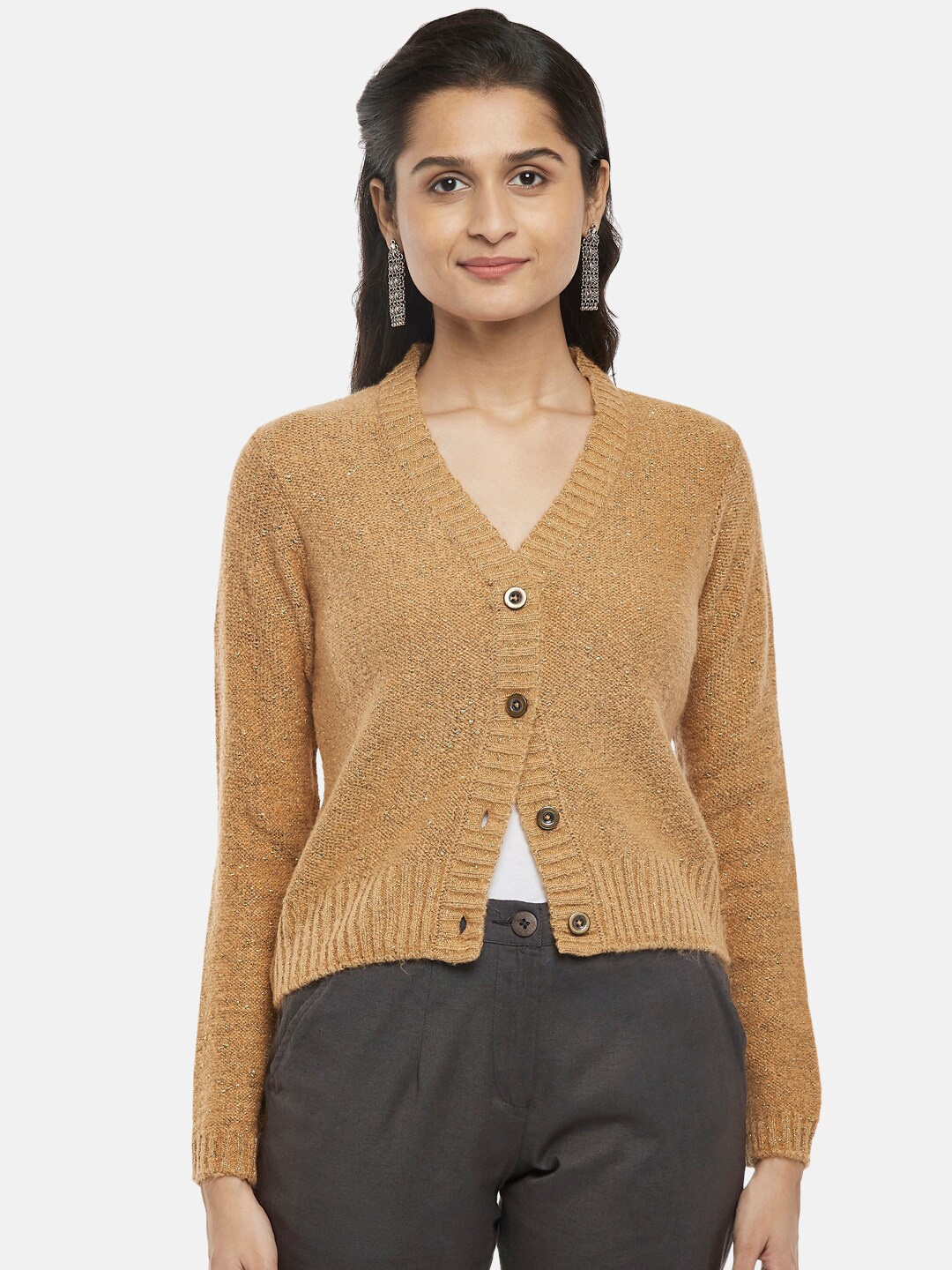 

AKKRITI BY PANTALOONS Women Gold-Toned Crop Acrylic Cardigan