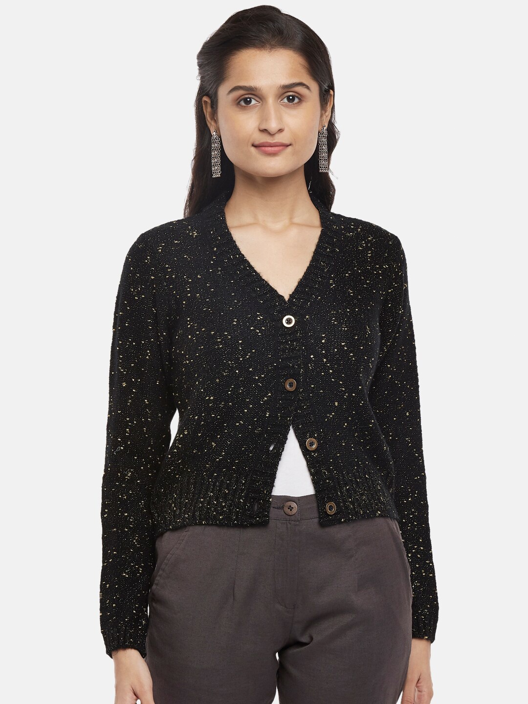 

AKKRITI BY PANTALOONS Women Black Printed Pure Acrylic Cardigan