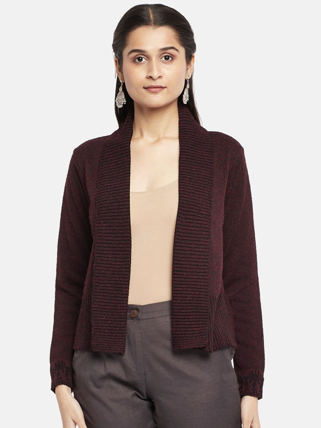 

AKKRITI BY PANTALOONS Women Maroon Self Design Open Front Shrug