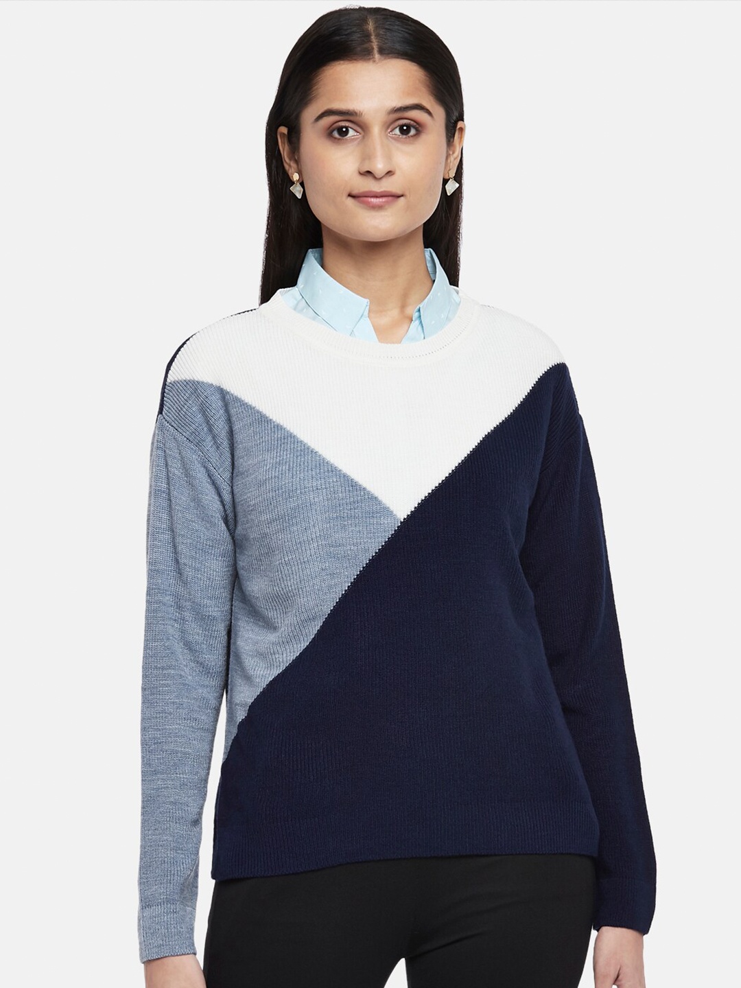 

Annabelle by Pantaloons Women Blue & Grey Colourblocked Pullover Sweater