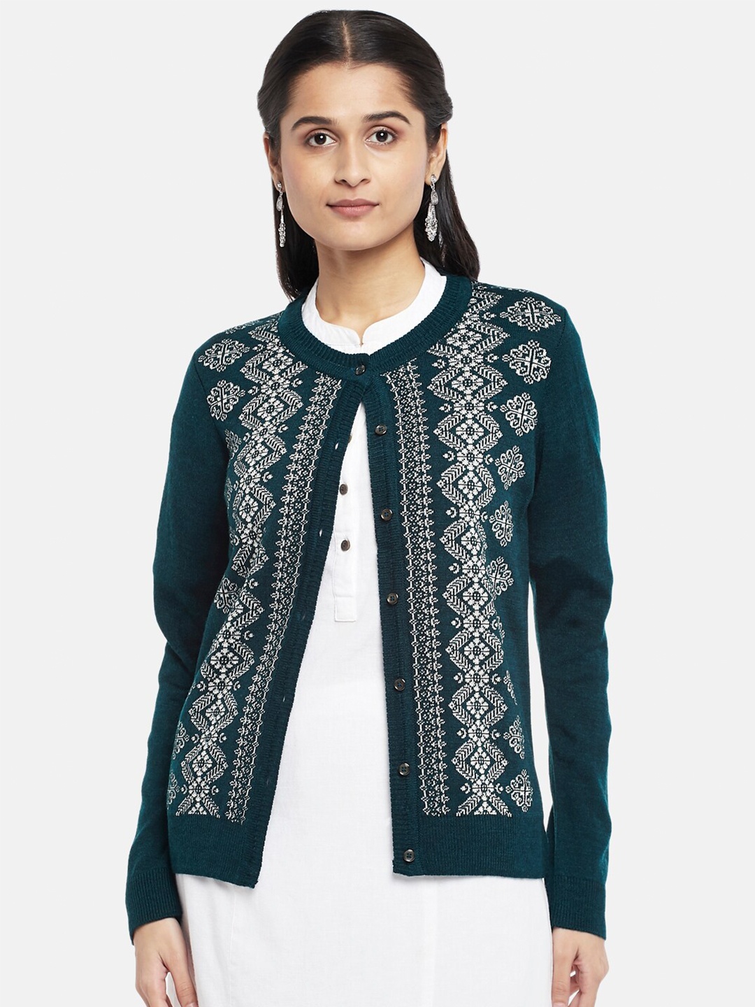 

RANGMANCH BY PANTALOONS Women Teal Blue & White Pure Acrylic Cardigan