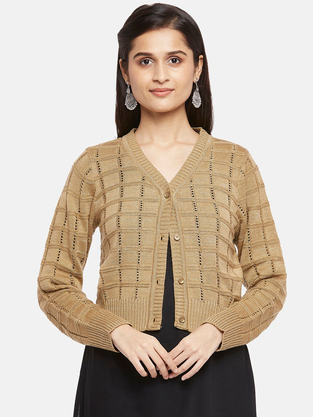 

RANGMANCH BY PANTALOONS Women Beige Pure Acrylic Crop Cardigan