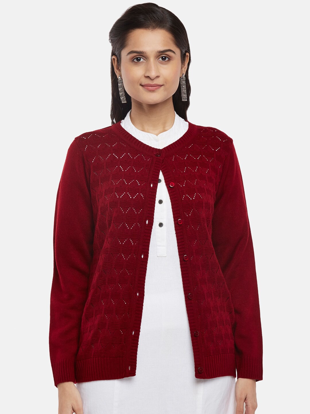 

RANGMANCH BY PANTALOONS Women Red Self Design Cardigan