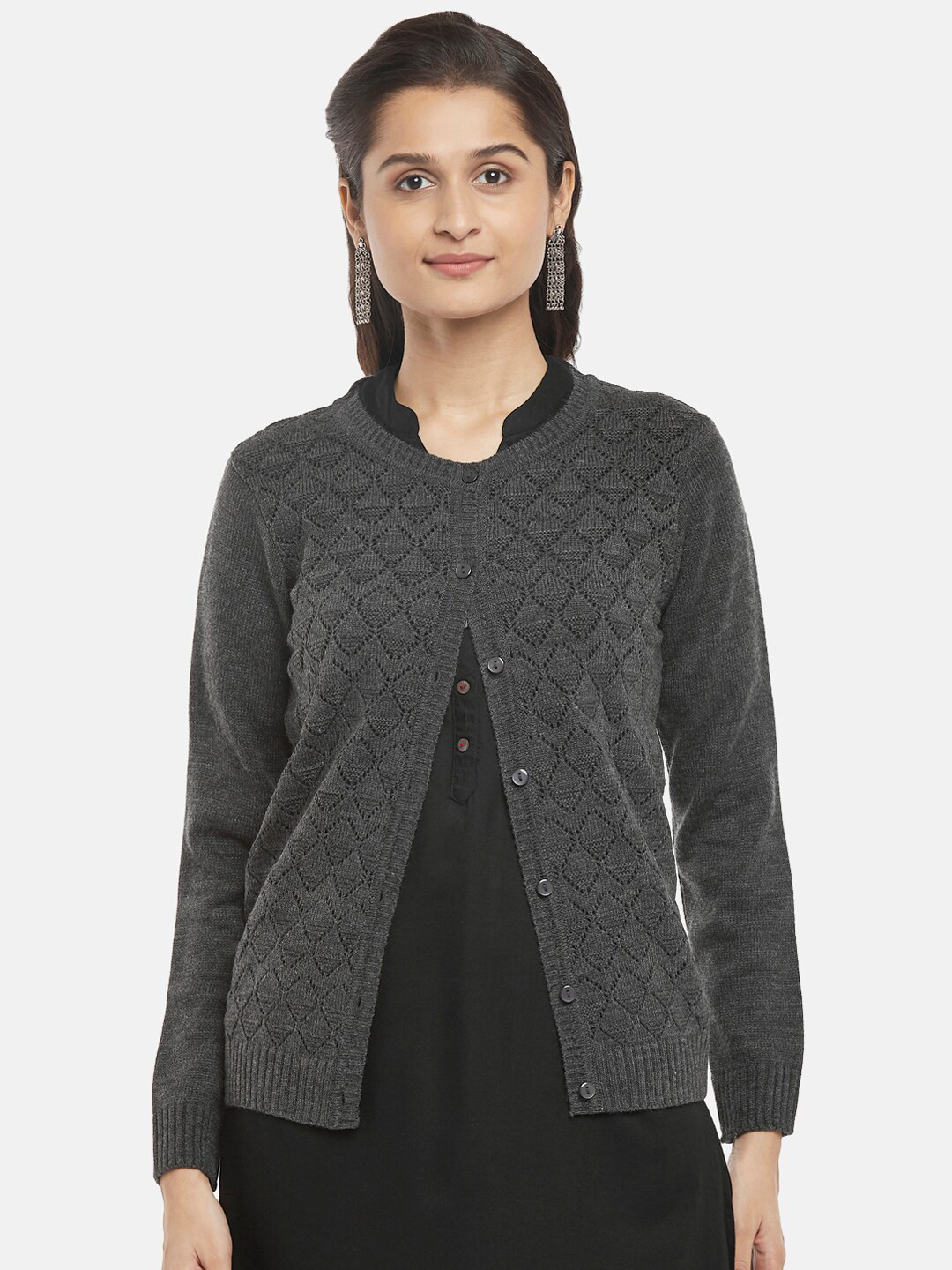 

RANGMANCH BY PANTALOONS Women Charcoal Self Designed Acrylic Cardigan Sweater