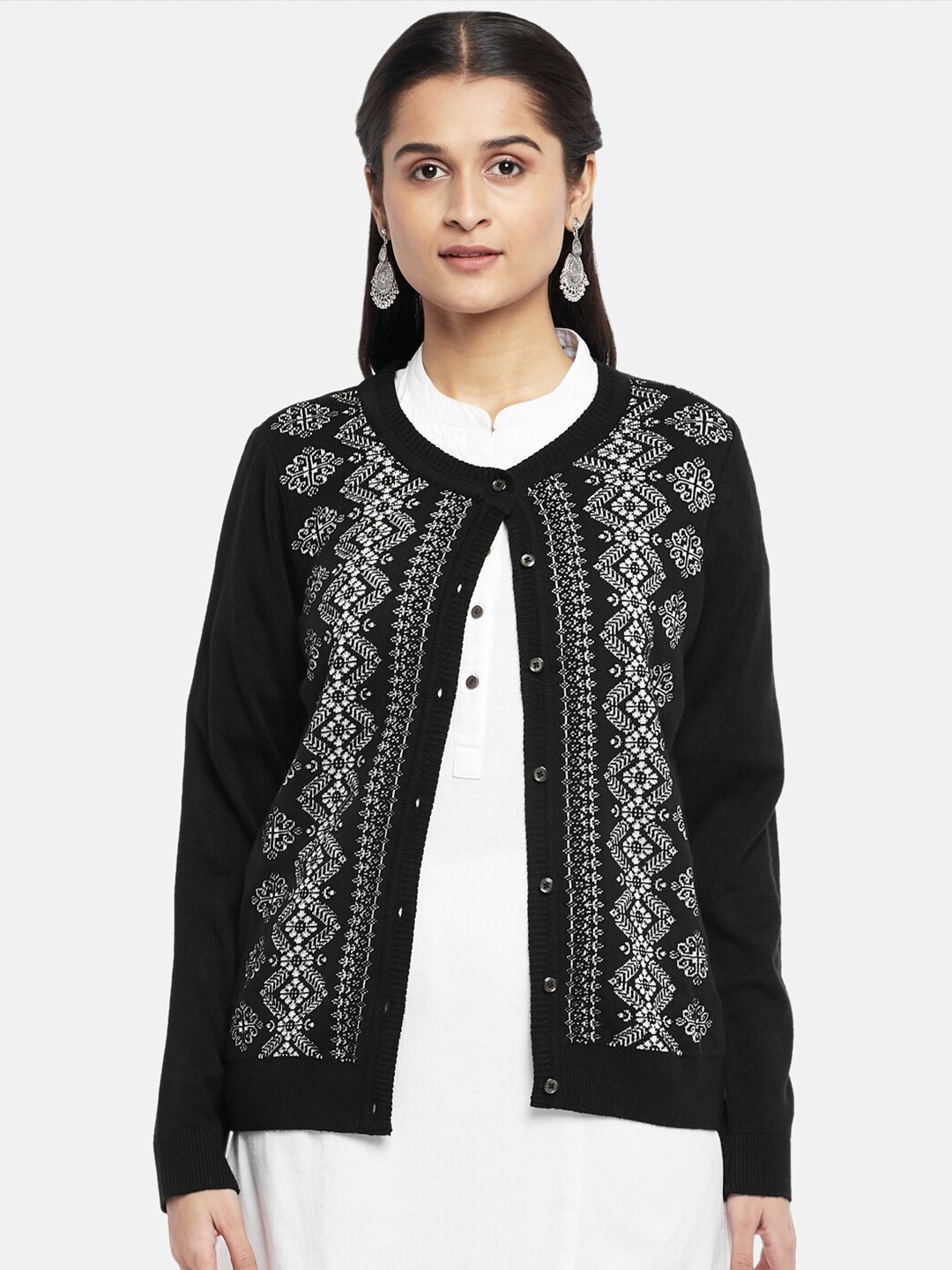 

RANGMANCH BY PANTALOONS Women Black & White Acrylic Cardigan