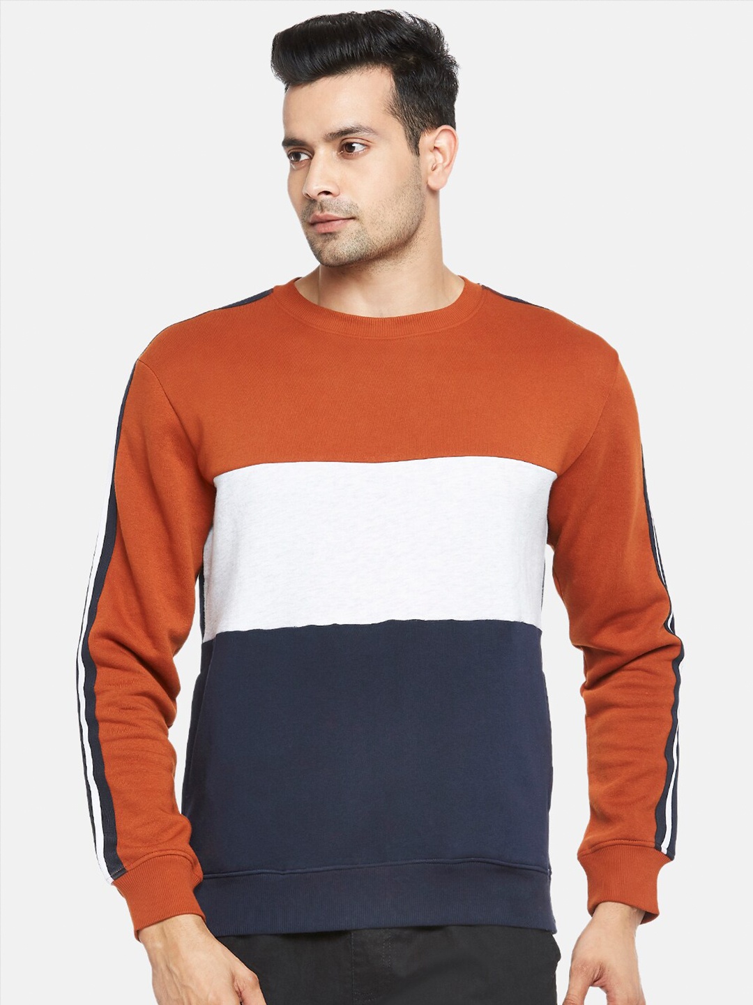 

BYFORD by Pantaloons Men Rust Brown & Navy Blue Colourblocked Sweatshirt